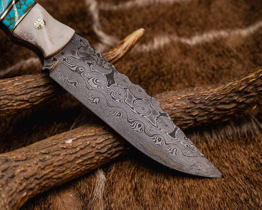 Breacher Scout- Baker Forge Raindrop Damascus- Black G10 and Brass Pin Striping, Turquoise with Gold Web Tru-stone Split, Hawaiian Curly Koa, Mosaic Pins, Brass Lanyard Pin, Textured Grip