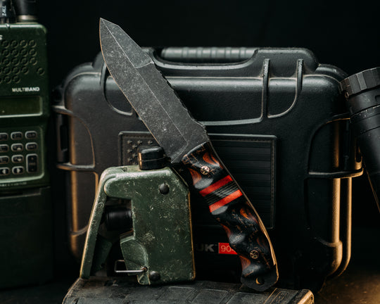 Disaster Breacher Gen 3- Black Burlap Micarta Over Desert Ironwood, Black & Fire Canvas Micarta Splits, Mosaic Pins, Textured Grip.