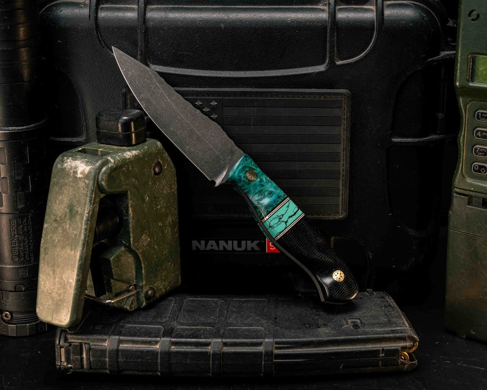 Field Knife Jr- Dyed Box Elder, Black G10, White G10 and Brass Pin Striping, Green Dragon Skin Tru-stone Split, Black Canvas Micarta, Mosaic Pins, Textured Grip