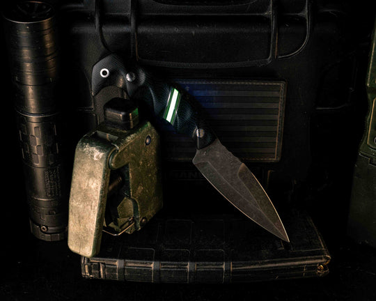 4" HUMINT- Black Canvas Micarta, Grey G10, Aluminum and Acid Green G10 Pin Striping, Glow Resin Split, Mosaic Pins, Aluminum Lanyard Pin, Textured Grip