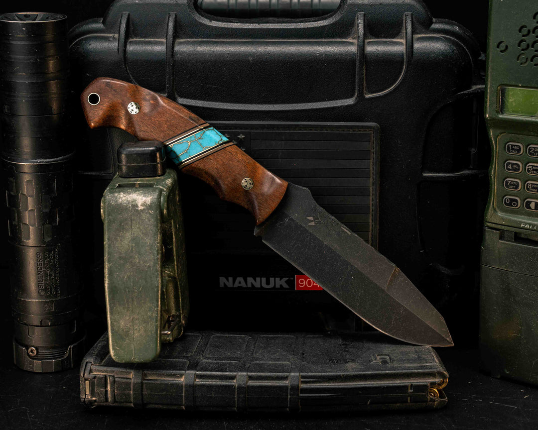 Disaster Breacher Gen 3- Hawaiian Curly Koa, Black G10, Coyote G10 and Brass Pin Striping, Turquoise with Gold Web Tru-stone Split, Mosaic Pins, Brass Lanayard Pin, Smooth Textured Grip