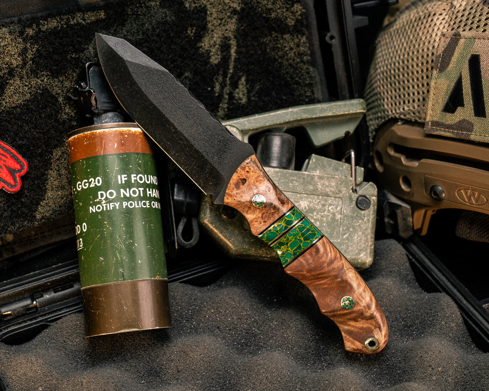 Disaster Jr- Black Ash, Black G10 and Brass Pin Striping, Arizona Jade Tru-stone Split, Maple, Mosaic Pins, Brass Lanyard Pin, Textured Grip