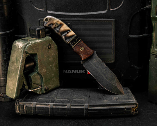 Disaster Cub- Hawaiian Curly Koa, Black G10 and Brass Pin Striping, Black with Gold Web Tru-stone Split, Ram's Horn, Mosaic Pins, Brass Lanyard Pin, Smooth Natural Grip