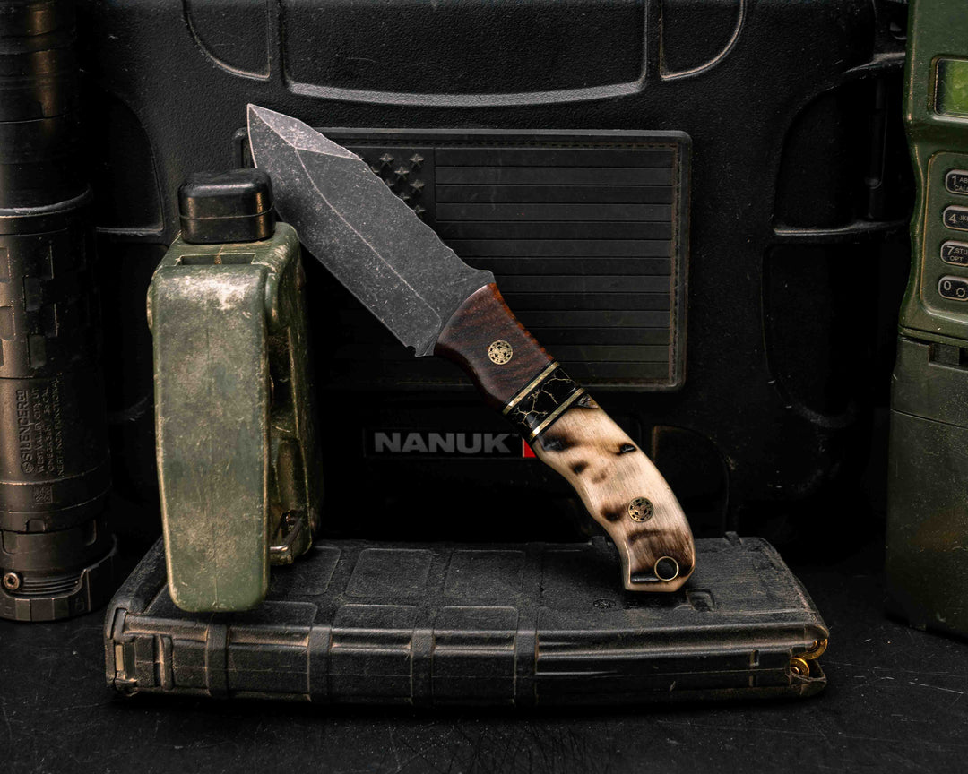 Disaster Cub- Hawaiian Curly Koa, Black G10 and Brass Pin Striping, Black with Gold Web Tru-stone Split, Ram's Horn, Mosaic Pins, Brass Lanyard Pin, Smooth Natural Grip
