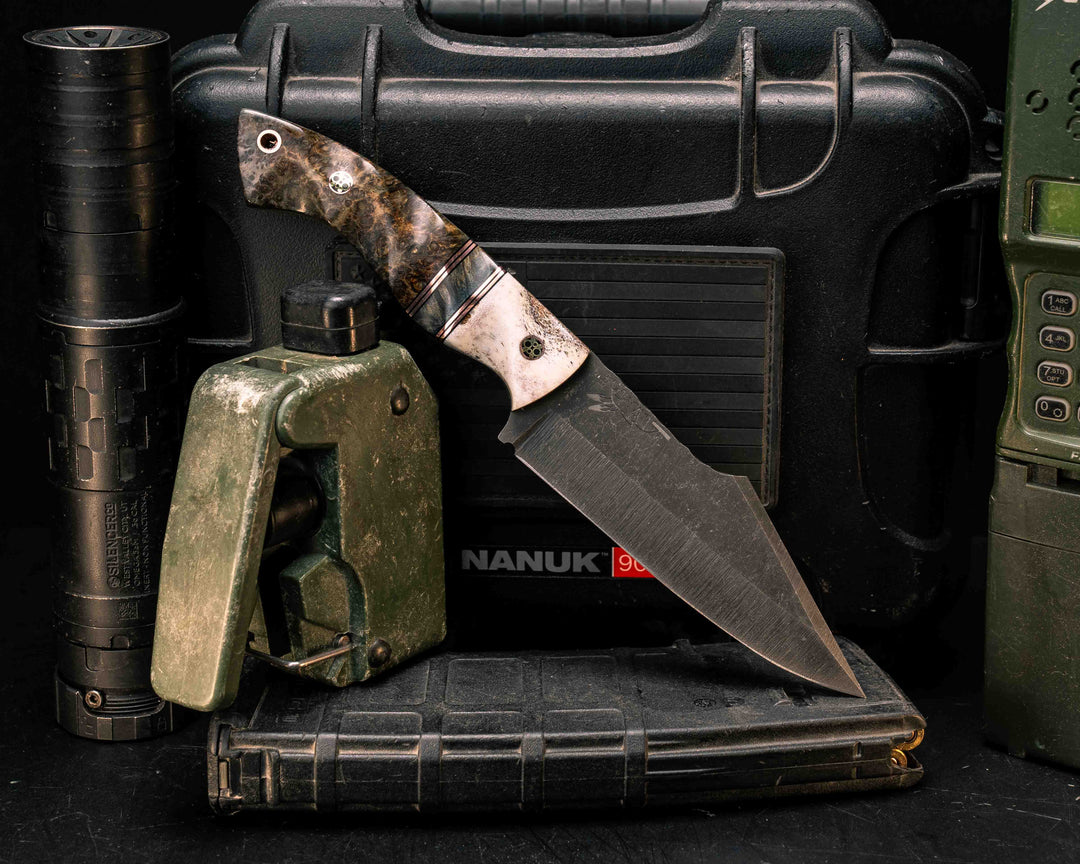 Widow Maker- Elk Antler, Black G10 and Copper Pin Striping, Dyed Maple Split, Dyed Amboyna, Mosaic Pins, Copper Lanyard Pin, Textured Grip