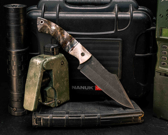 Widow Maker- Elk Antler, Black G10 and Copper Pin Striping, Dyed Maple Split, Dyed Amboyna, Mosaic Pins, Copper Lanyard Pin, Textured Grip