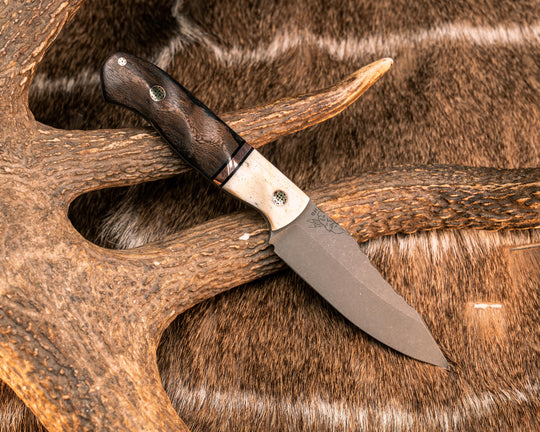 Field Knife Jr- Giraffe Bone, Black G10 and Copper Split, Pheasantwood, Mosaic Pins, Textured Grip