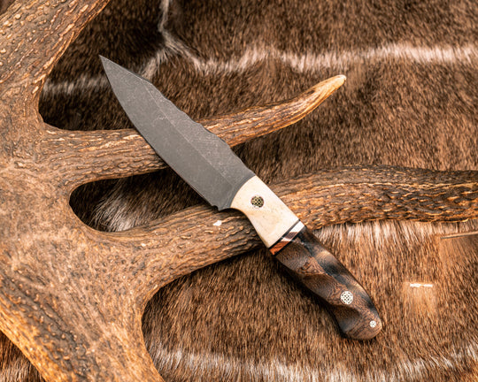 Field Knife Jr- Giraffe Bone, Black G10 and Copper Split, Pheasantwood, Mosaic Pins, Textured Grip