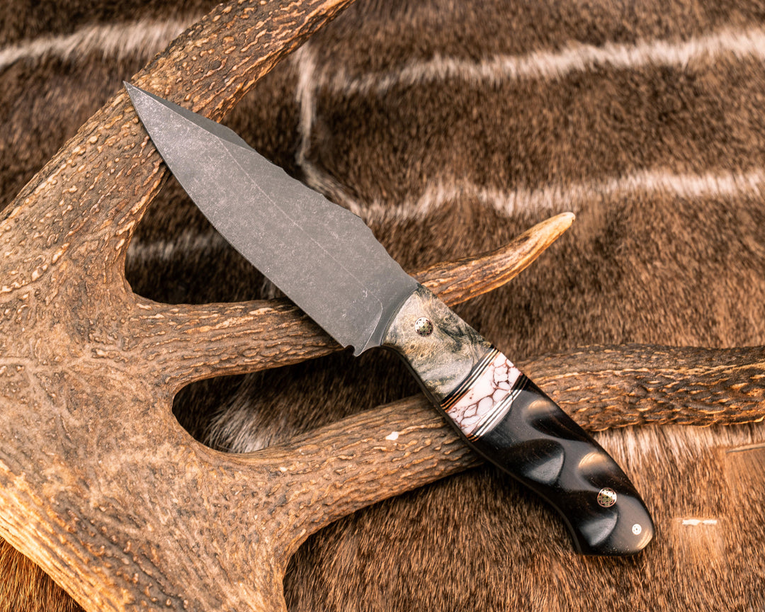 Field Knife- Buckeye, Black G10, Copper and Brass Pin Striping, White with Copper Matrix Tru-stone Split, African Blackwood, Mosaic Pins, Textured Grip