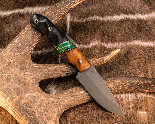 Crow Jr- Desert Ironwood, Black G10 and Brass Pin Striping, Arizona Jade Tru-stone Split, African Blackwood, Mosaic Pins, Brass Lanyard Pin, Textured Grip