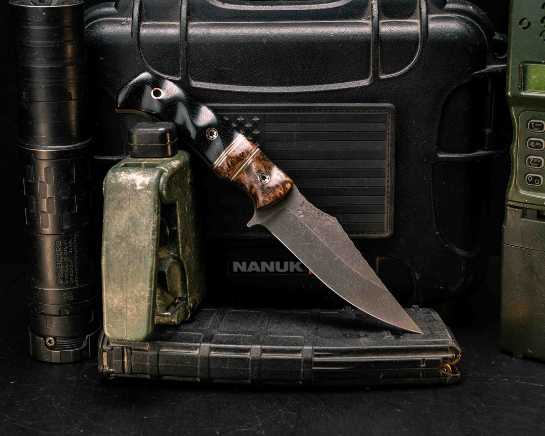 Tosahwi- Chechen Caribbean Rosewood, Coyote G10, Copper and White G10 Pin Striping, Chechen Caribbean Rosewood Split, Black Canvas Micarta, Mosaic Pins, Copper Lanyard Pin, Textured Grip
