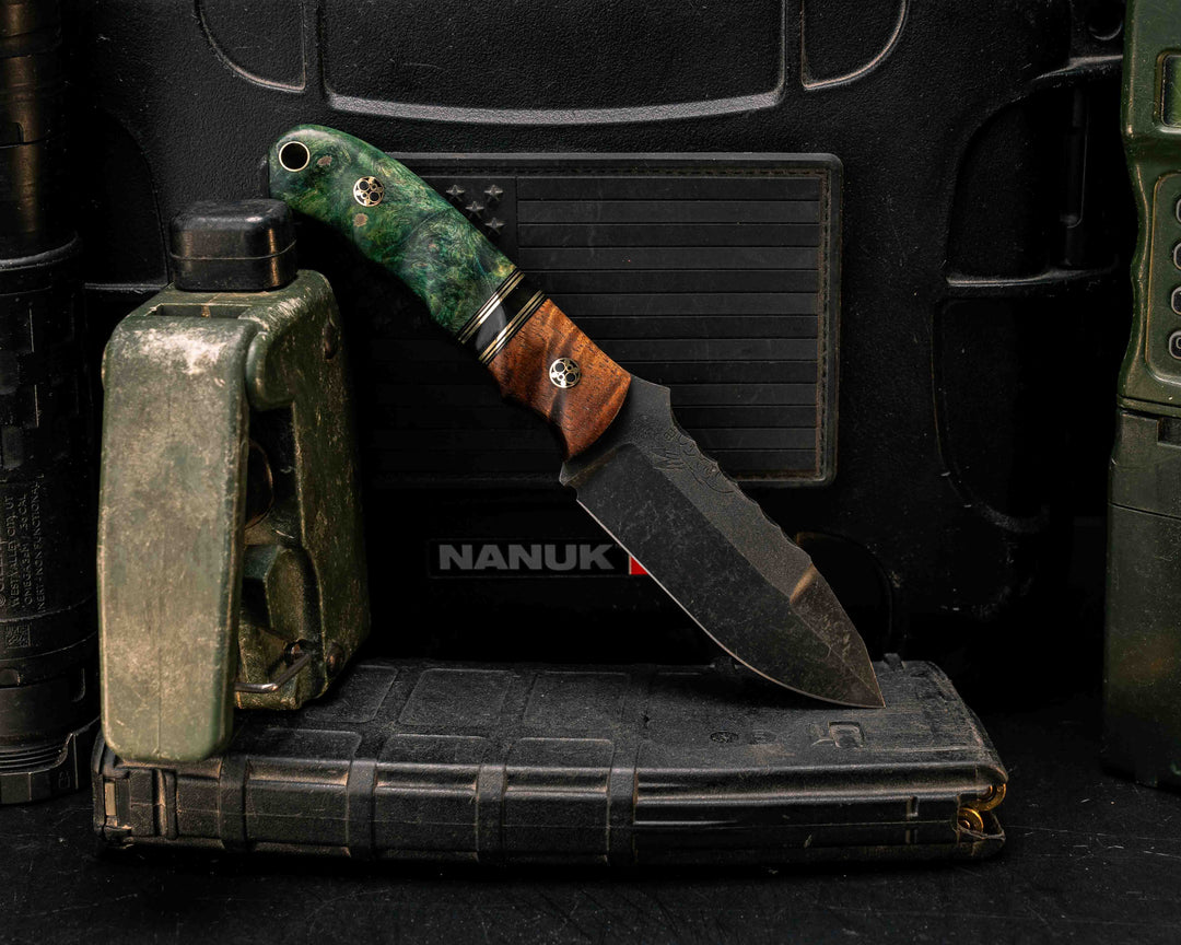 Disaster Cub- Hawaiian Curly Koa, Black G10, Brass and Bison Horn Split, Dyed Maple, Mosaic Pins, Brass Lanyard Pin, Textured Grip