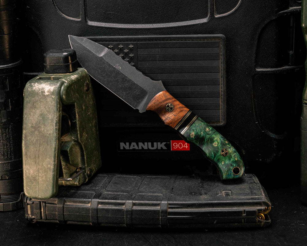 Disaster Cub- Hawaiian Curly Koa, Black G10, Brass and Bison Horn Split, Dyed Maple, Mosaic Pins, Brass Lanyard Pin, Textured Grip