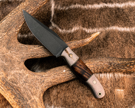 Drop Point Scalper- CO Elk Antler, Black G10 and Brass Pin Striping, Hawaiian Curly Koa Split, Brass Pins, Brass Lanyard Pin, Smooth Grip