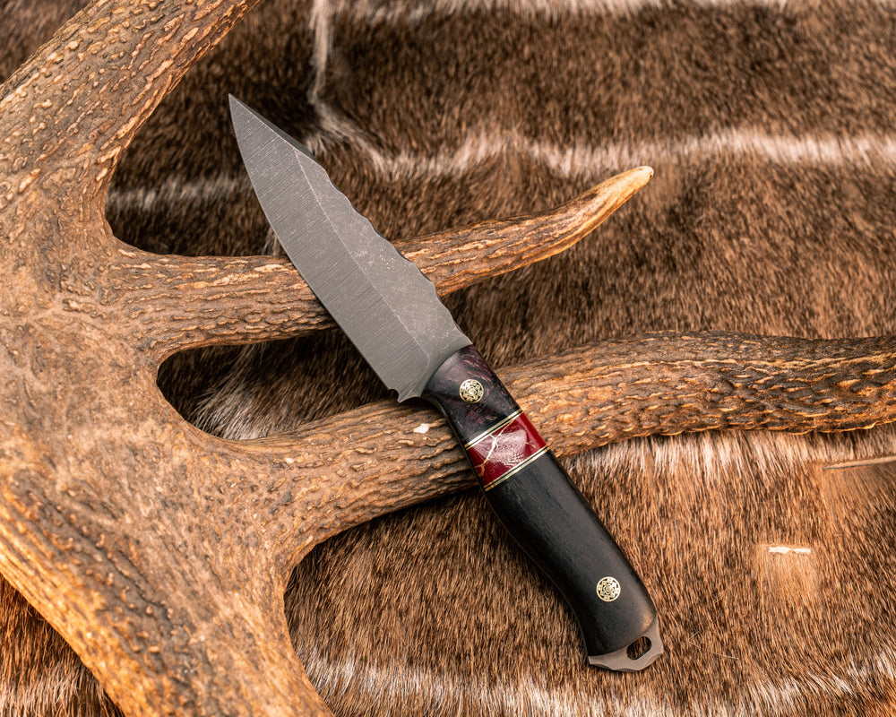 Field Knife Jr- Dyed Maple, Black G10 and Brass Pin Striping, Red with Gold Web Tru-stone Split, African Blackwood, Mosaic Pins, Smooth Grip