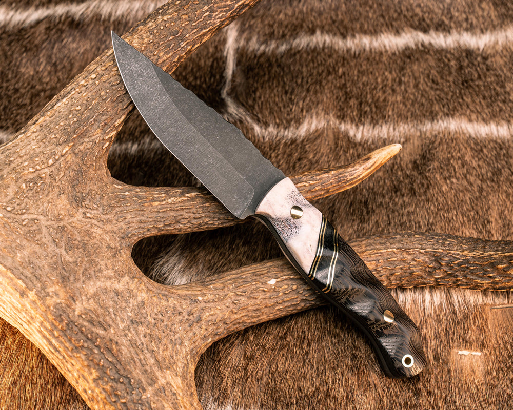 Crow Jr- CO Elk Antler, Black G10, Brass and Black Canvas Micarta Split, Ancient Bog Oak, Brass Pins, Brass Lanyard Pin, Textured Grip