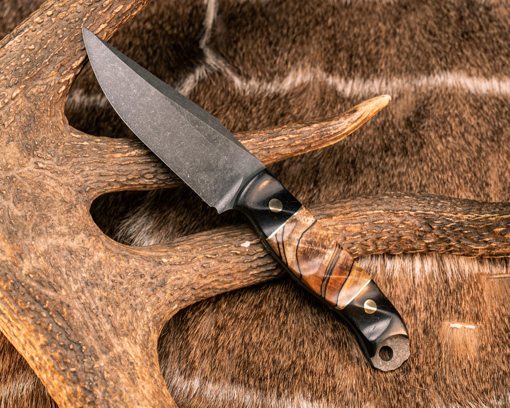 Drop Point Scalper- African Blackwood, Brass and Spalted Maple Split, Brass Pins, Textured Grip