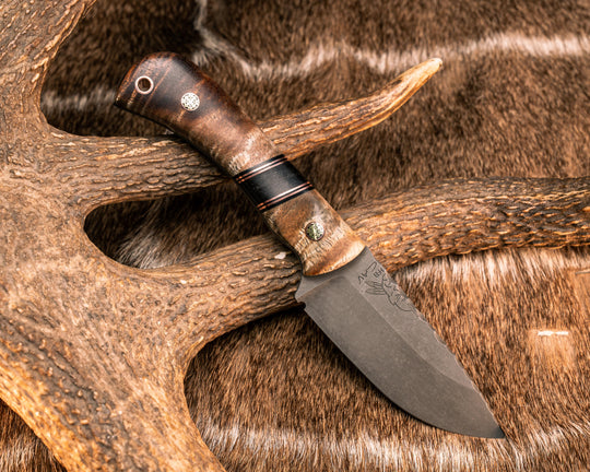 Cav Jr- Hawaiian Curly Koa, Black G10 and Copper Pin Striping, African Blackwood Split, Mosaic Pins, Copper Lanyard Pin, Textured Grip