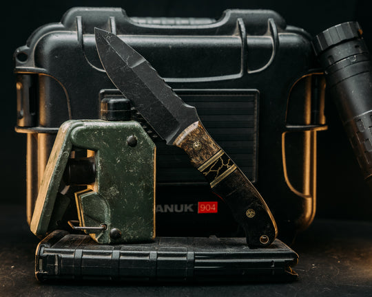 Disaster Jr Gen 3- black as Burl, Black G10 & Brass Pin String, Balck w/ Gold Web Tru Stone Split, Ram's Horn, Mosaic Pins, Smooth Grip