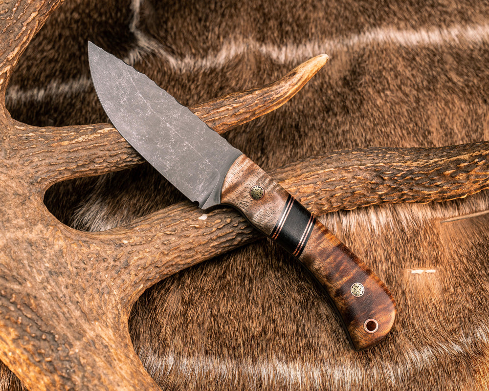 Cav Jr- Hawaiian Curly Koa, Black G10 and Copper Pin Striping, African Blackwood Split, Mosaic Pins, Copper Lanyard Pin, Textured Grip