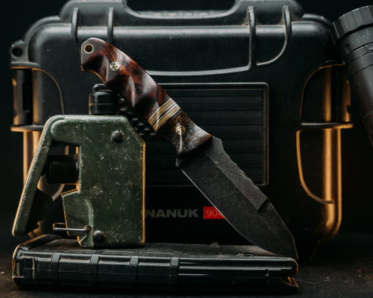Disaster Jr Gen 3- Mammoth Bone, Black G10 & Brass Pin Striping, OD Green Canvas Micarta Splits, Desert Ironwood, Mosaic Pins, Brass Lanyard Pin, Textured Grip.