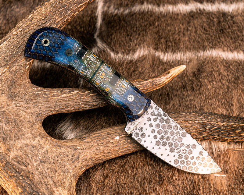 Cavner- Aluminum Honeycomb and Blue Resin Over Circuit Board, Mosaic Pins, Brass Lanyard Pin, Smooth Grip