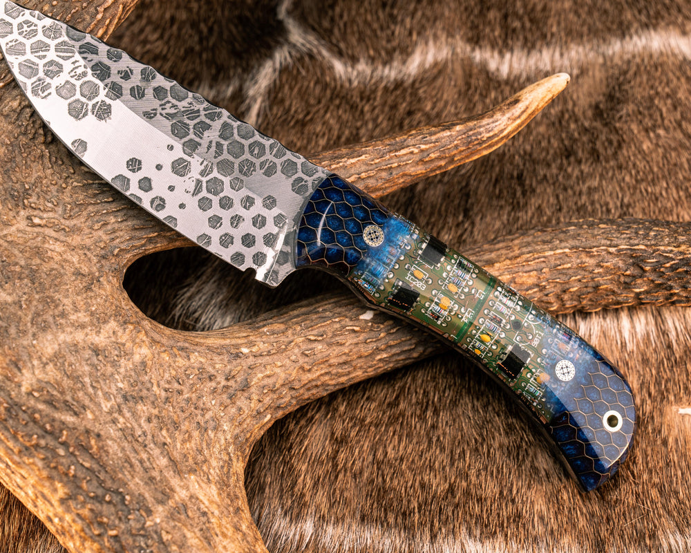 Cavner- Aluminum Honeycomb and Blue Resin Over Circuit Board, Mosaic Pins, Brass Lanyard Pin, Smooth Grip