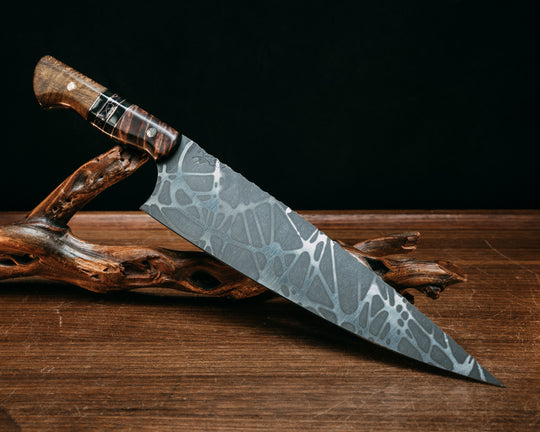 Chef Blade 10"- Hawaiian Curly Koa, Black G10 and Copper Pin Striping, Ultem and Black with Copper Web Tru-stone Split, Pheasantwood, Mosaic Pins, Smooth Grip