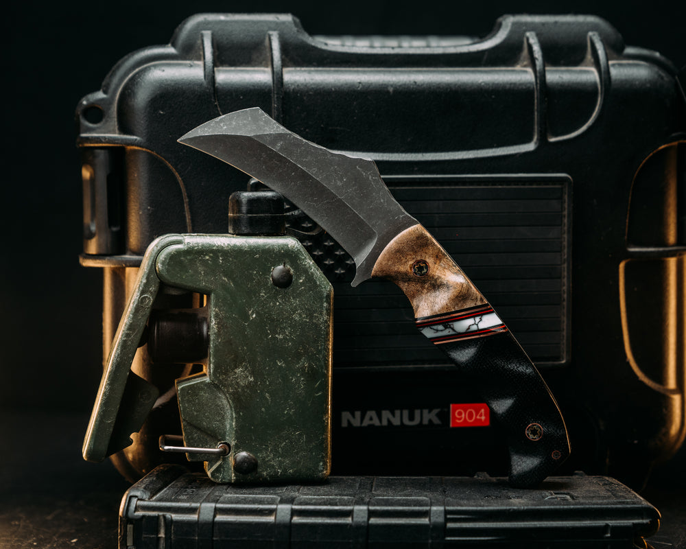 Vulture - Maple, Black & Red G10 w/ Copper Pin Striping, White w/ Black Web Tru Stone Split, Black Canvas Micarta, Mosaic Pins, Textured Grip.