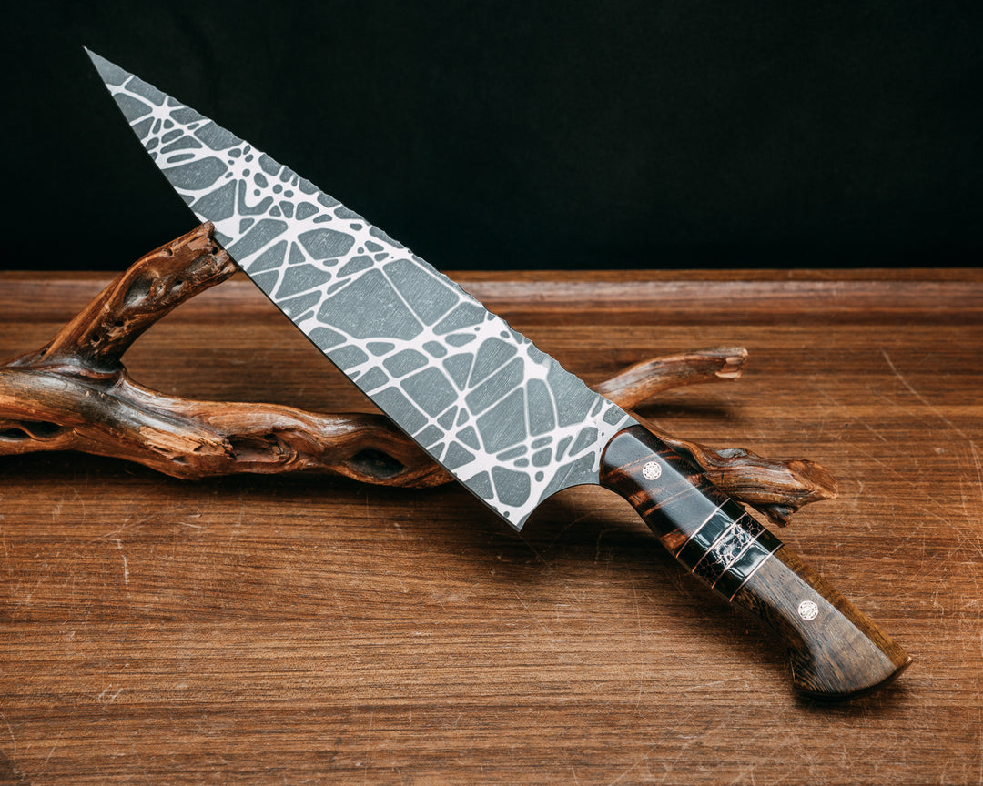Chef Blade 10"- Hawaiian Curly Koa, Black G10 and Copper Pin Striping, Ultem and Black with Copper Web Tru-stone Split, Pheasantwood, Mosaic Pins, Smooth Grip