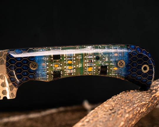Cavner- Aluminum Honeycomb and Blue Resin Over Circuit Board, Mosaic Pins, Brass Lanyard Pin, Smooth Grip