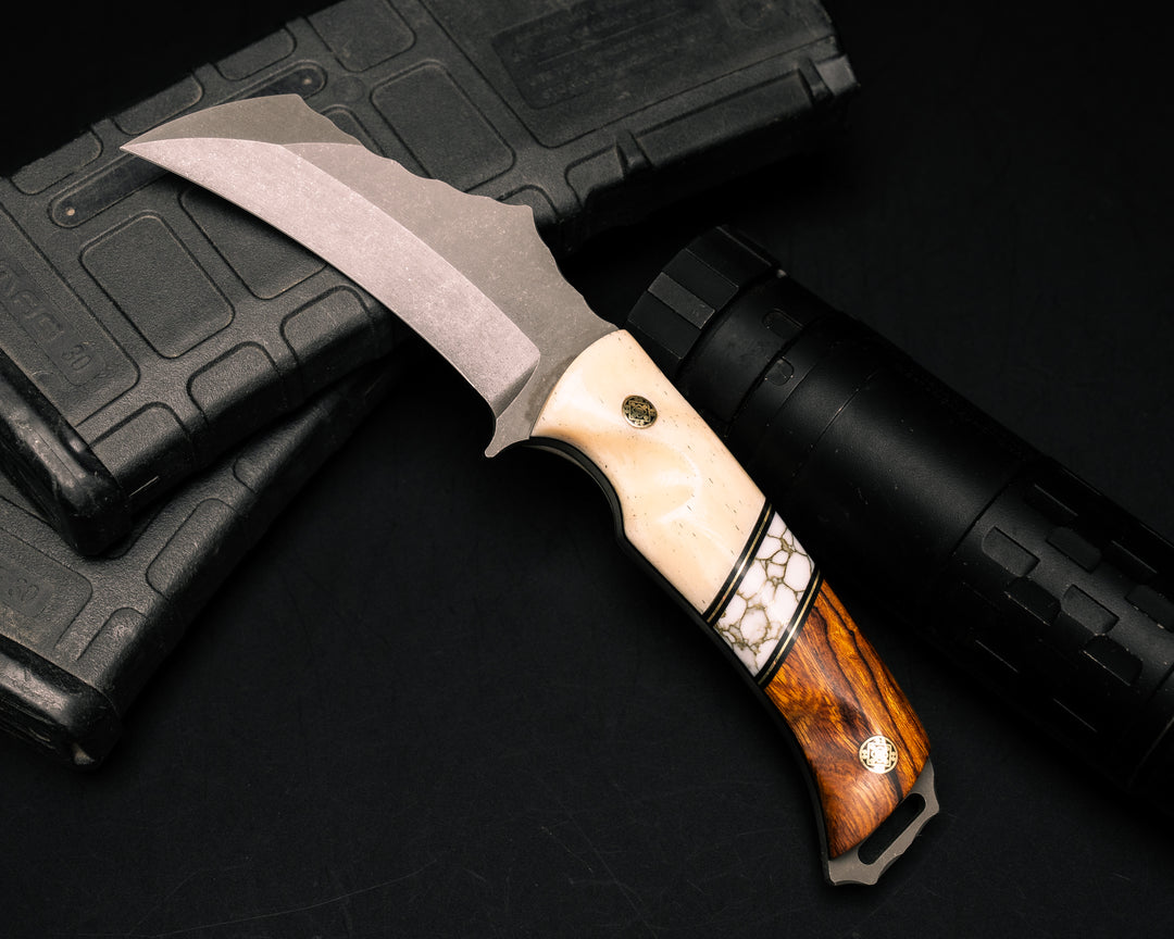 Vulture- Giraffe Bone, Black G10 and Brass Pin Striping, White with Gold Web Tru-stone Split, Desert Ironwood, Mosaic Pins, Contoured Grip