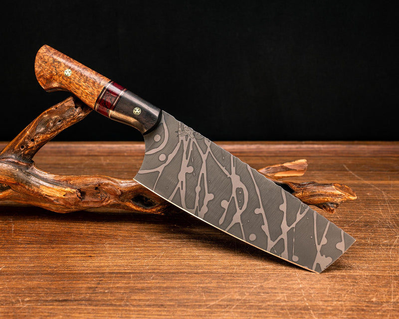 Nakiri- African Blackwood, Black G10, Cherry G10 and Brass Pin Striping, Bloody Basin Tru-stone Split, Afzelia Burl, Mosaic Pins, Smooth Grip