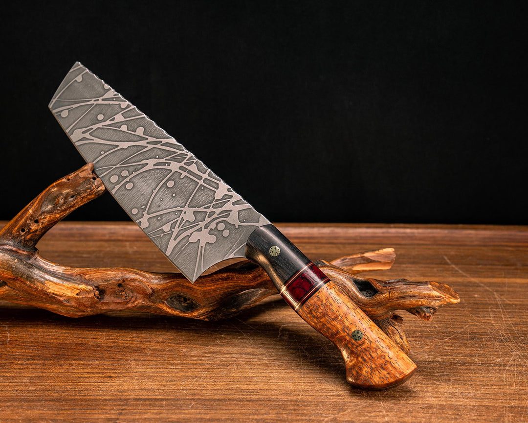 Nakiri- African Blackwood, Black G10, Cherry G10 and Brass Pin Striping, Bloody Basin Tru-stone Split, Afzelia Burl, Mosaic Pins, Smooth Grip