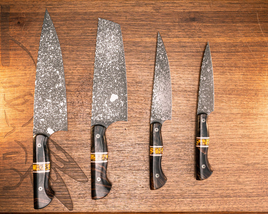 Chef Set- Redwood, Black G10, Copper, and White G10 Pin Striping, Yellow Dino Bone Tru-stone Split, Hawaiian Curly Koa, Mosaic Pins, Smooth Grip
