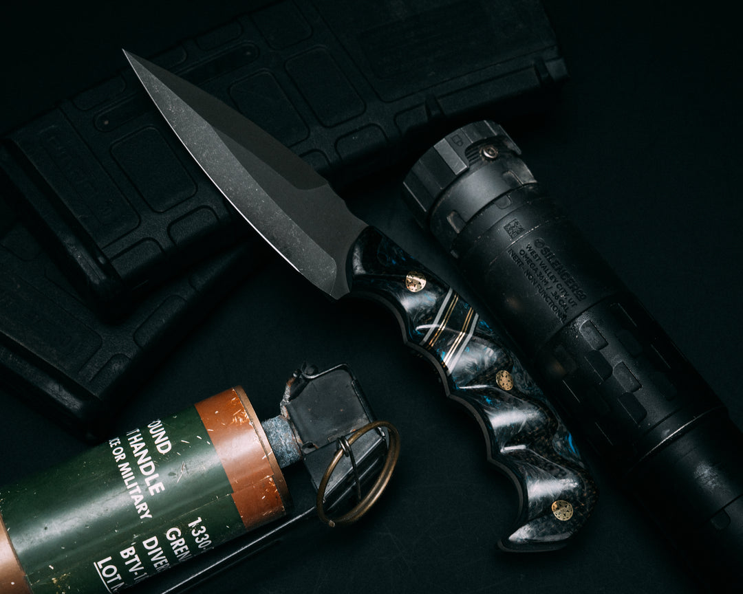 4" HUMINT- Brown Burlap Micarta Over Blue Dark Matter Carbon, Black G10, Charcoal G10, Brass and Blue Dark Matter Carbon Split, Mosaic Pins, Textured Grip