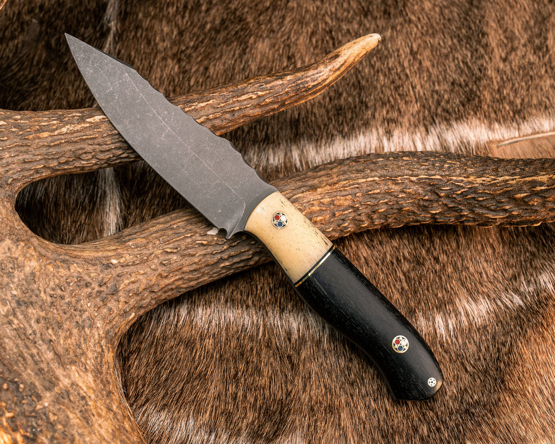 Field Knife Jr- Giraffe Bone, Black G10 and Brass Split, African Blackwood, Mosaic Pins, Smooth Grip