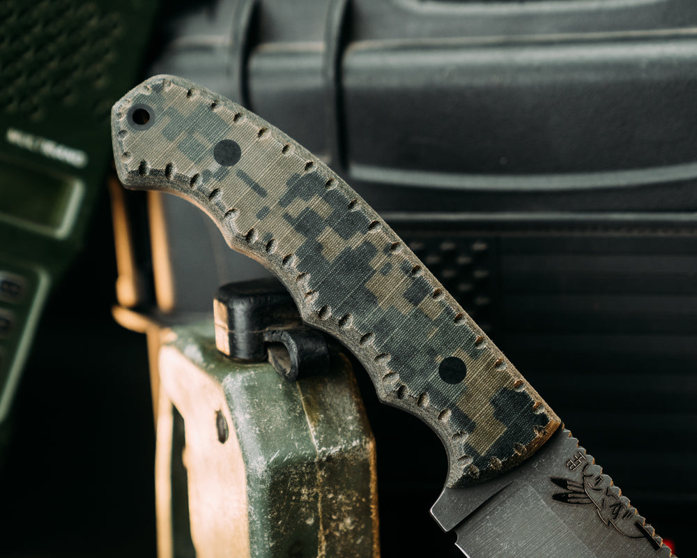 Cav-Breacher- Navy S.E.A.L AOR2 Cammie Micarta, CF Pins, Flat Textured Grip