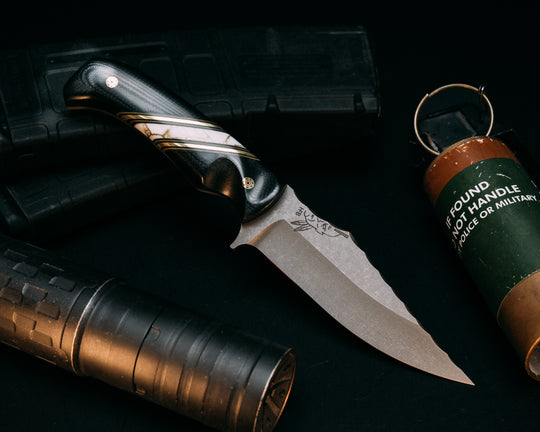 Tosahwi- Black G10, OD Green G10, Brass and Black G10 Pin Striping, White with Gold Web Tru-stone Split, Mosaic Pins, Contoured Grip