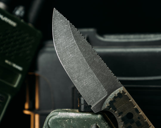 Cav-Breacher- Navy S.E.A.L AOR2 Cammie Micarta, CF Pins, Flat Textured Grip