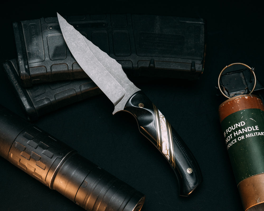 Tosahwi- Black G10, OD Green G10, Brass and Black G10 Pin Striping, White with Gold Web Tru-stone Split, Mosaic Pins, Contoured Grip