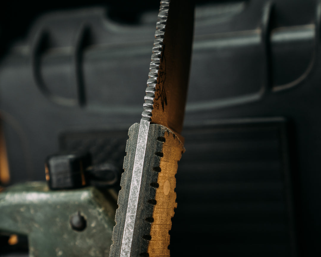 Cav-Breacher- Navy S.E.A.L AOR2 Cammie Micarta, CF Pins, Flat Textured Grip