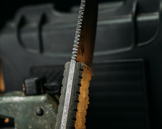 Cav-Breacher- Navy S.E.A.L AOR2 Cammie Micarta, CF Pins, Flat Textured Grip