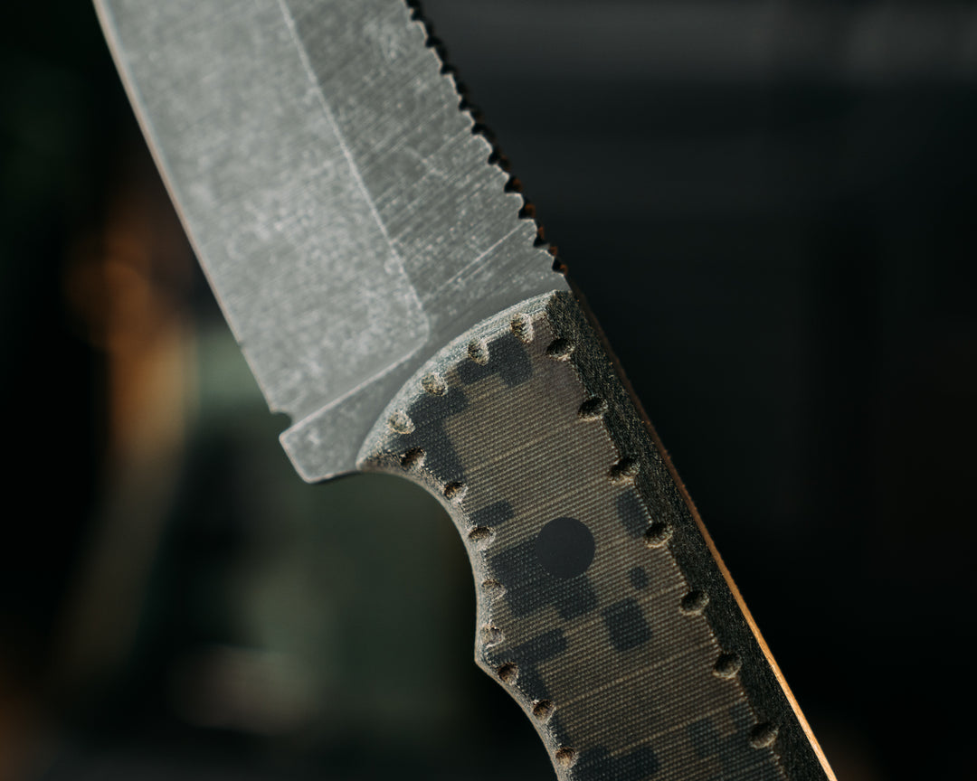 Cav-Breacher- Navy S.E.A.L AOR2 Cammie Micarta, CF Pins, Flat Textured Grip
