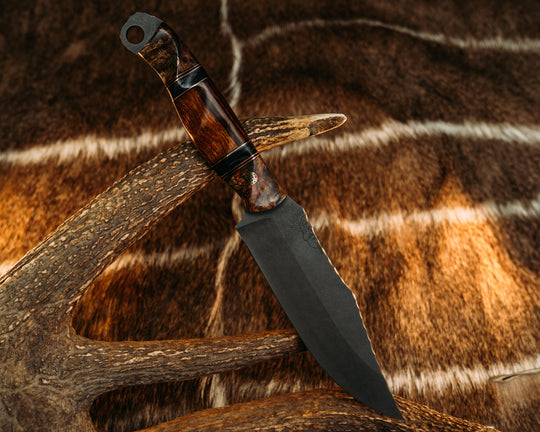 Crow Scout- Amboyna Burl, Black G10 and Copper Pin Striping, Desert Ironwood Split, Mosaic Pins, Contoured Grip