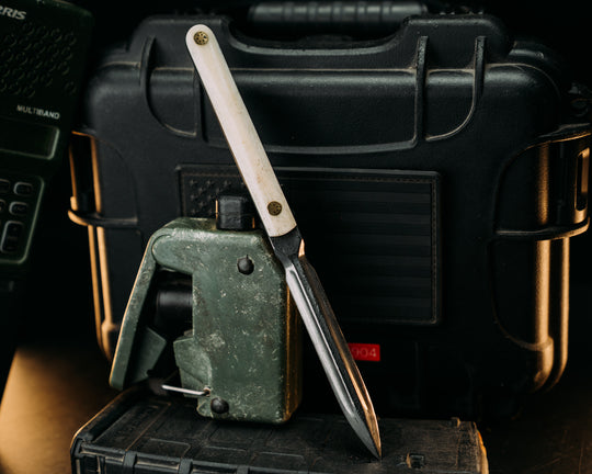 OSS Spike- Baker Forge Raindrop Damascus- Giraffe Bone, Mosaic Pins, Smooth Angled Grip