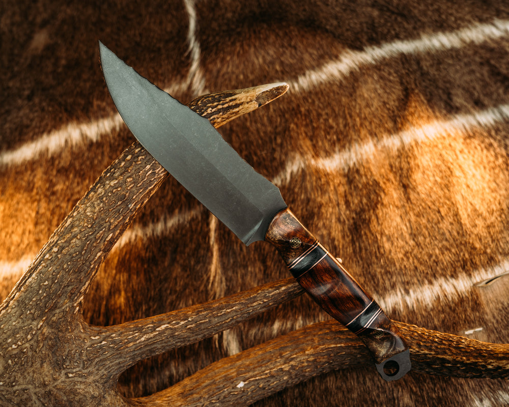 Crow Scout- Amboyna Burl, Black G10 and Copper Pin Striping, Desert Ironwood Split, Mosaic Pins, Contoured Grip
