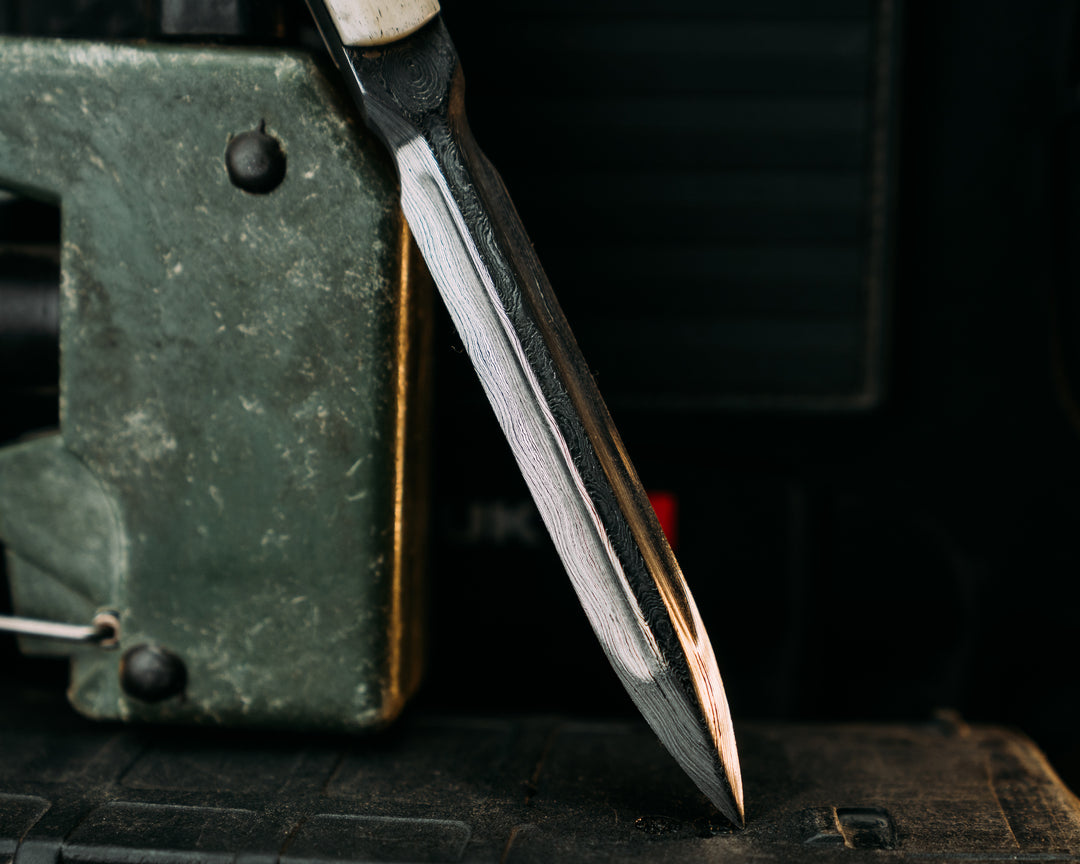 OSS Spike- Baker Forge Raindrop Damascus- Giraffe Bone, Mosaic Pins, Smooth Angled Grip
