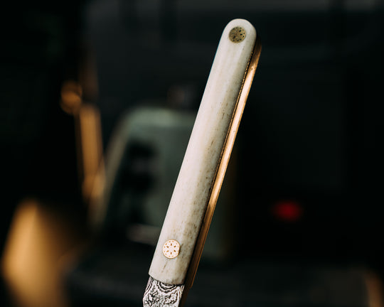 OSS Spike- Baker Forge Raindrop Damascus- Giraffe Bone, Mosaic Pins, Smooth Angled Grip