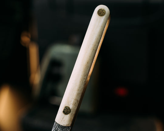 OSS Spike- Baker Forge Raindrop Damascus- Giraffe Bone, Mosaic Pins, Smooth Angled Grip
